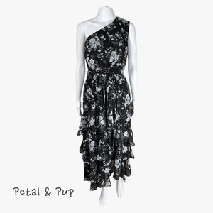 Petal & Pup One Shoulder Tiered Midi Dress in Black Floral Sz L Cocktail Party